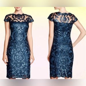 Tadashi Shoji Blue Cap Sleeve Sequin Illusion Dress